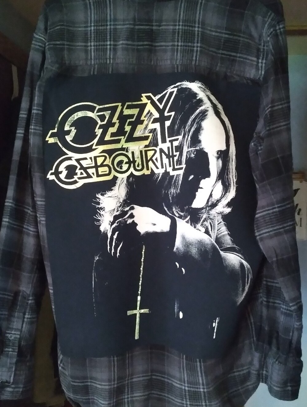 Upcycled Flannel Shirt W/ Custom OZZY OSBOURNE back Patch